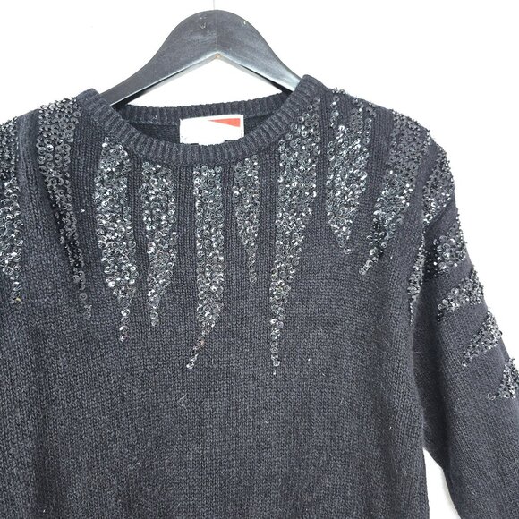 Vintage Wool Silk Black Sequin Sweater 80’s Gothic Sweater Jumper Glam - Picture 2 of 8